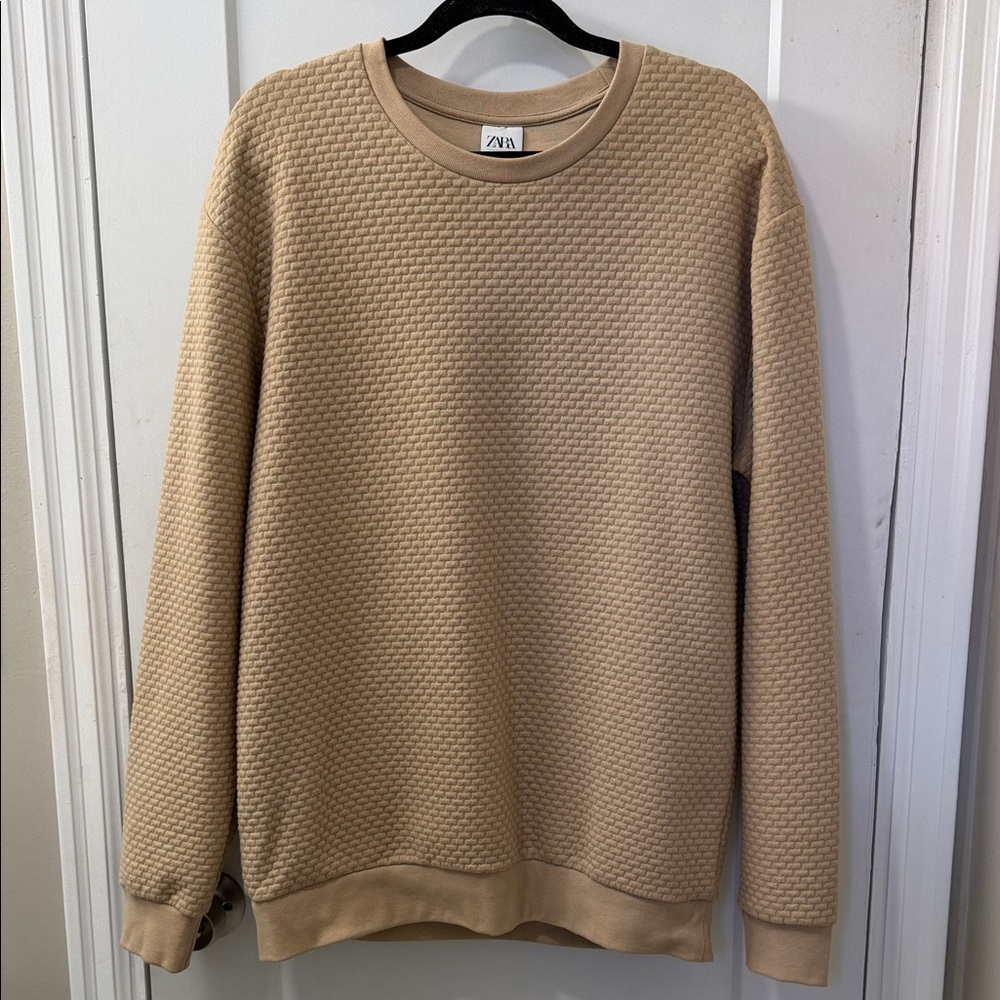 Zara Men's Crewneck Sweater in Beige Textured Knit